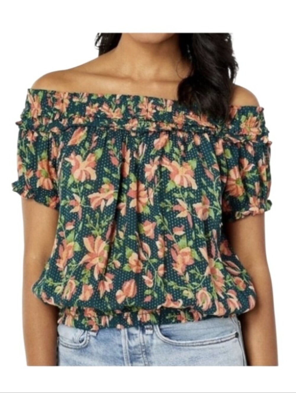 Free People Suki Off-Shoulder Floral Blouse in Teal and Coral FP One M?